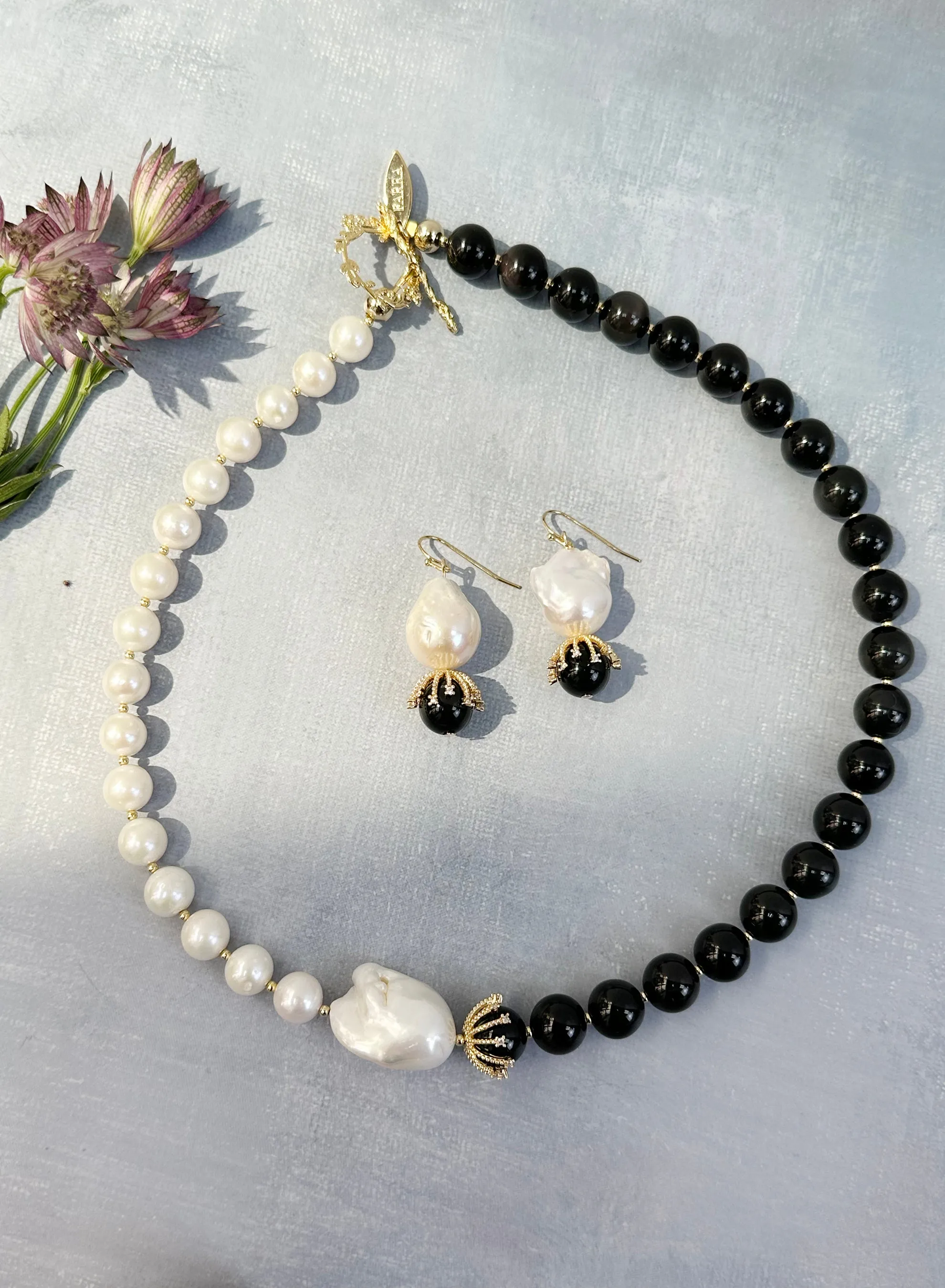 Baroque Pearls with Black Obsidian Earrings JE045