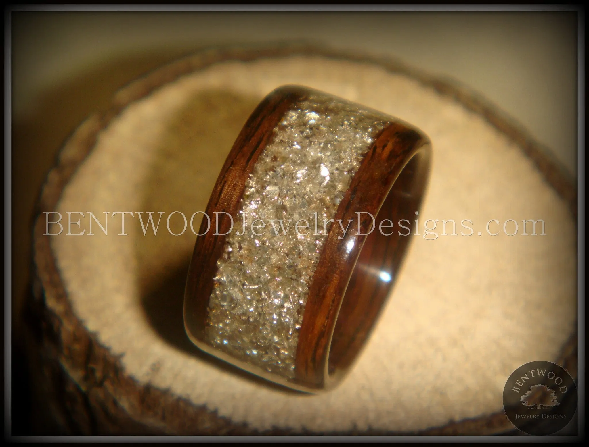 Bentwood Ring - Rosewood Wood Ring with Crushed Silver Glass Inlay