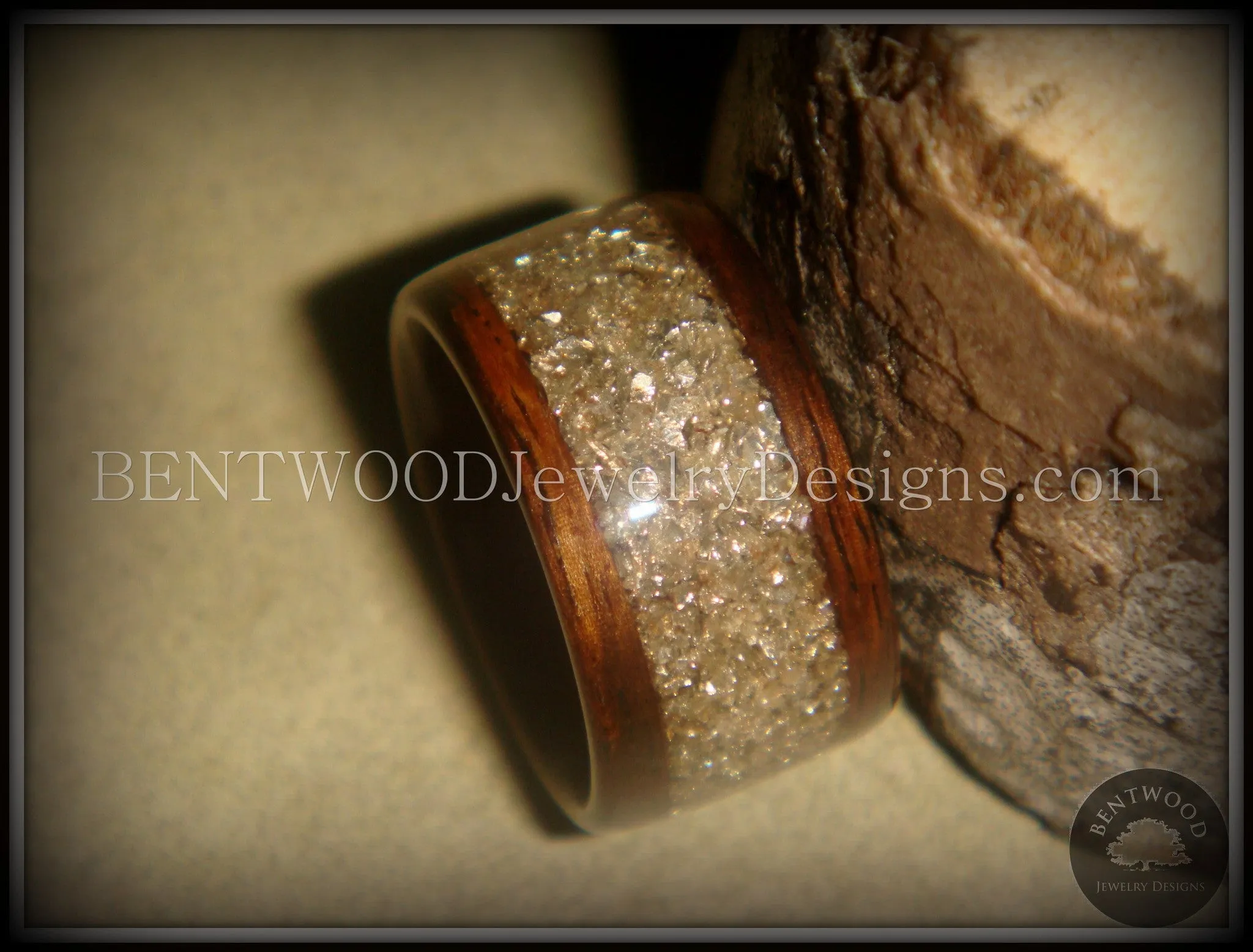 Bentwood Ring - Rosewood Wood Ring with Crushed Silver Glass Inlay