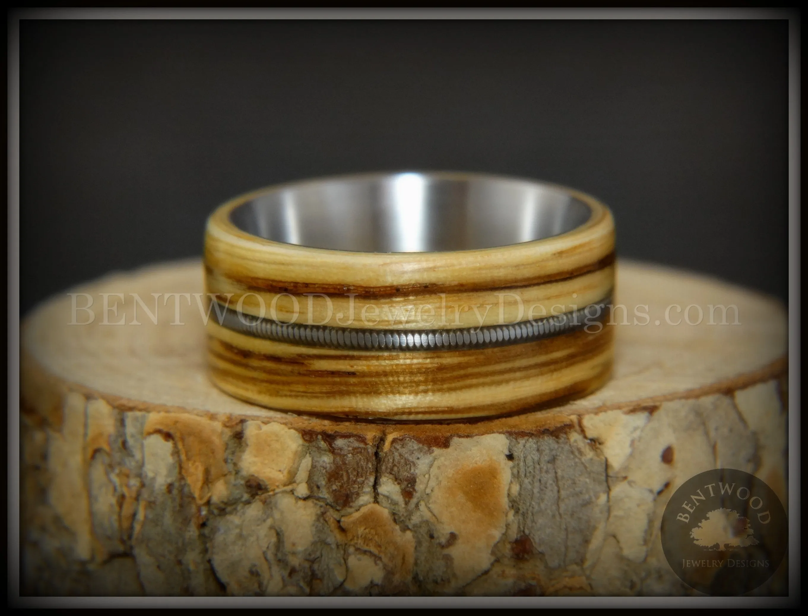 Bentwood Ring - Striped Rocker Zebrawood Ring with Silver Electric Guitar String Inlay on Comfort Fit Titanium Steel Core