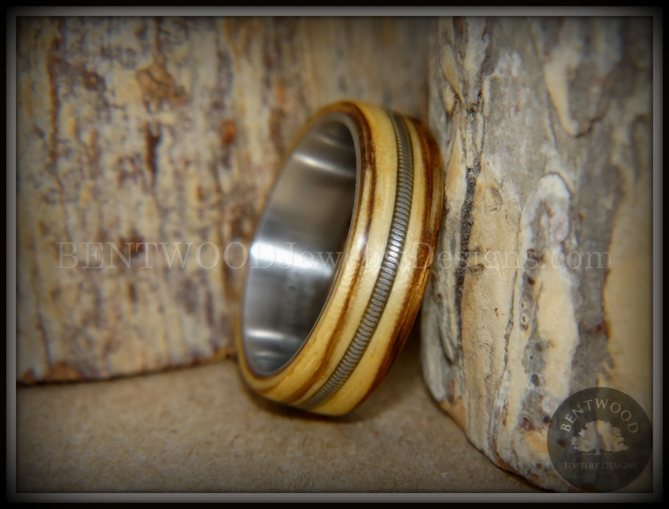 Bentwood Ring - Striped Rocker Zebrawood Ring with Silver Electric Guitar String Inlay on Comfort Fit Titanium Steel Core