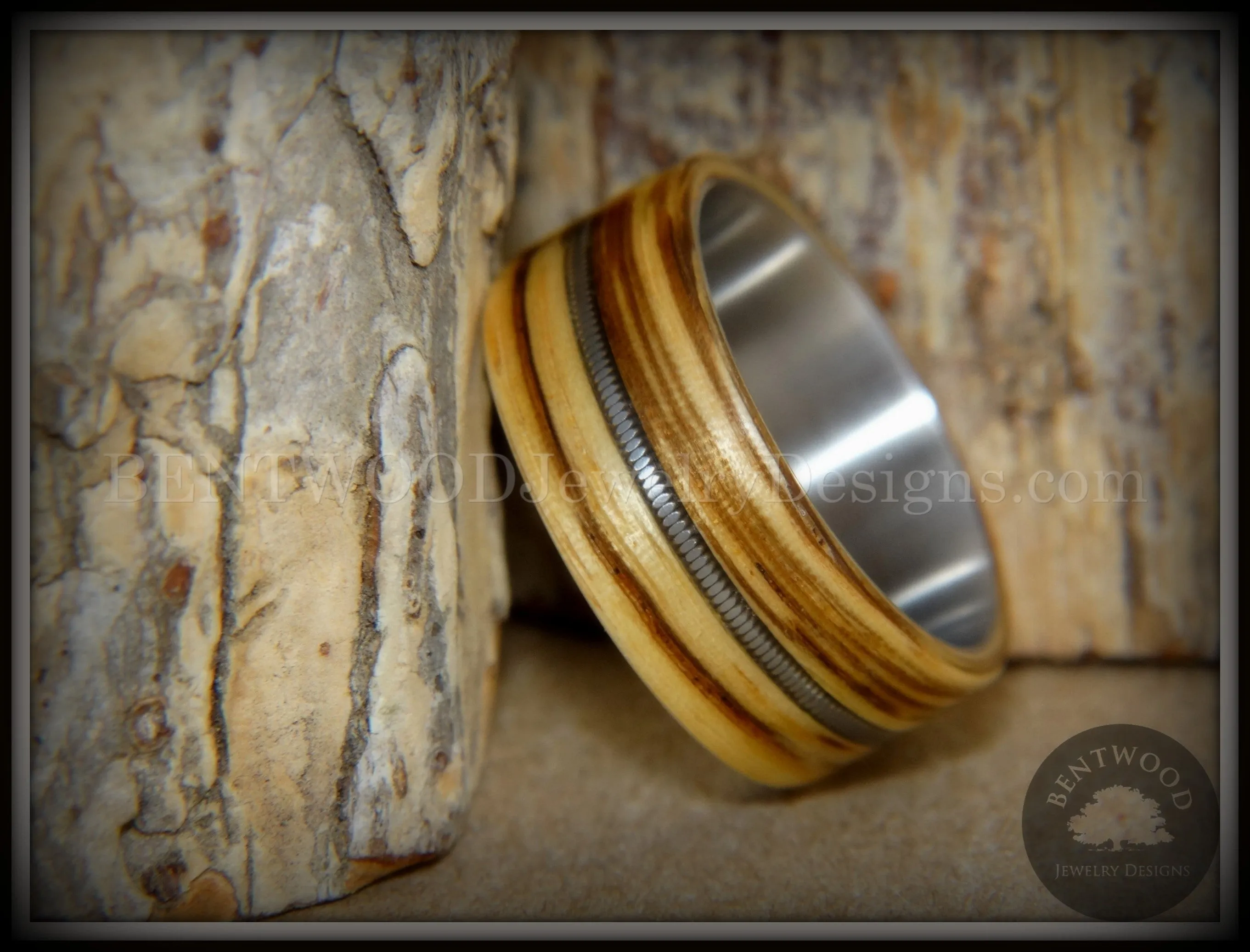 Bentwood Ring - Striped Rocker Zebrawood Ring with Silver Electric Guitar String Inlay on Comfort Fit Titanium Steel Core