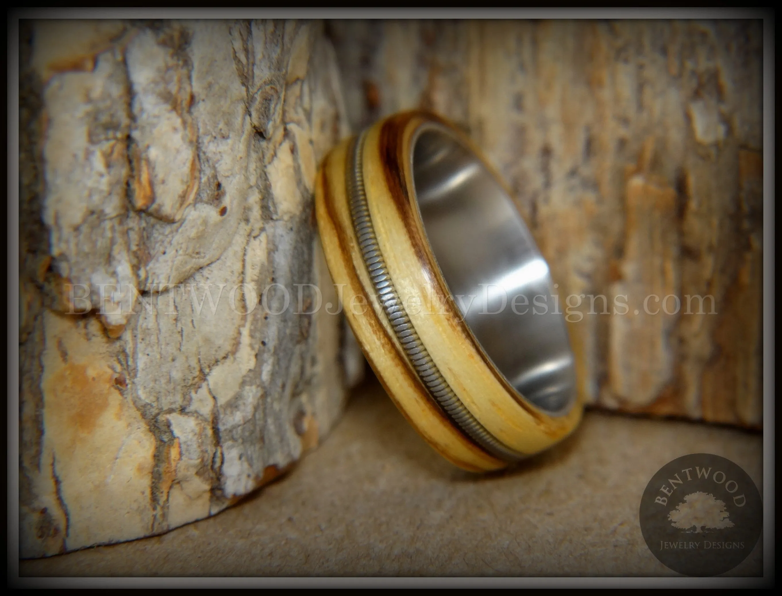 Bentwood Ring - Striped Rocker Zebrawood Ring with Silver Electric Guitar String Inlay on Comfort Fit Titanium Steel Core