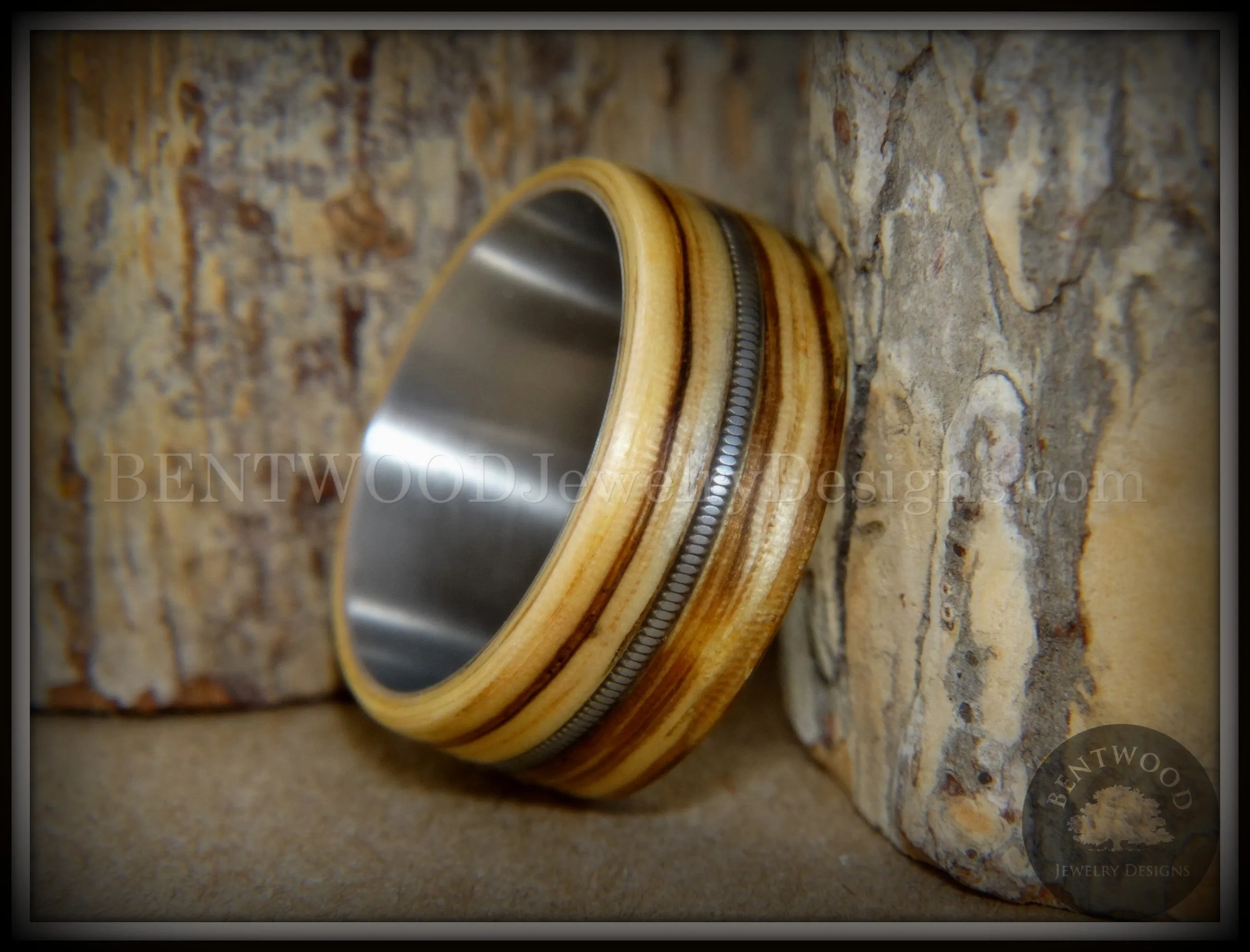 Bentwood Ring - Striped Rocker Zebrawood Ring with Silver Electric Guitar String Inlay on Comfort Fit Titanium Steel Core