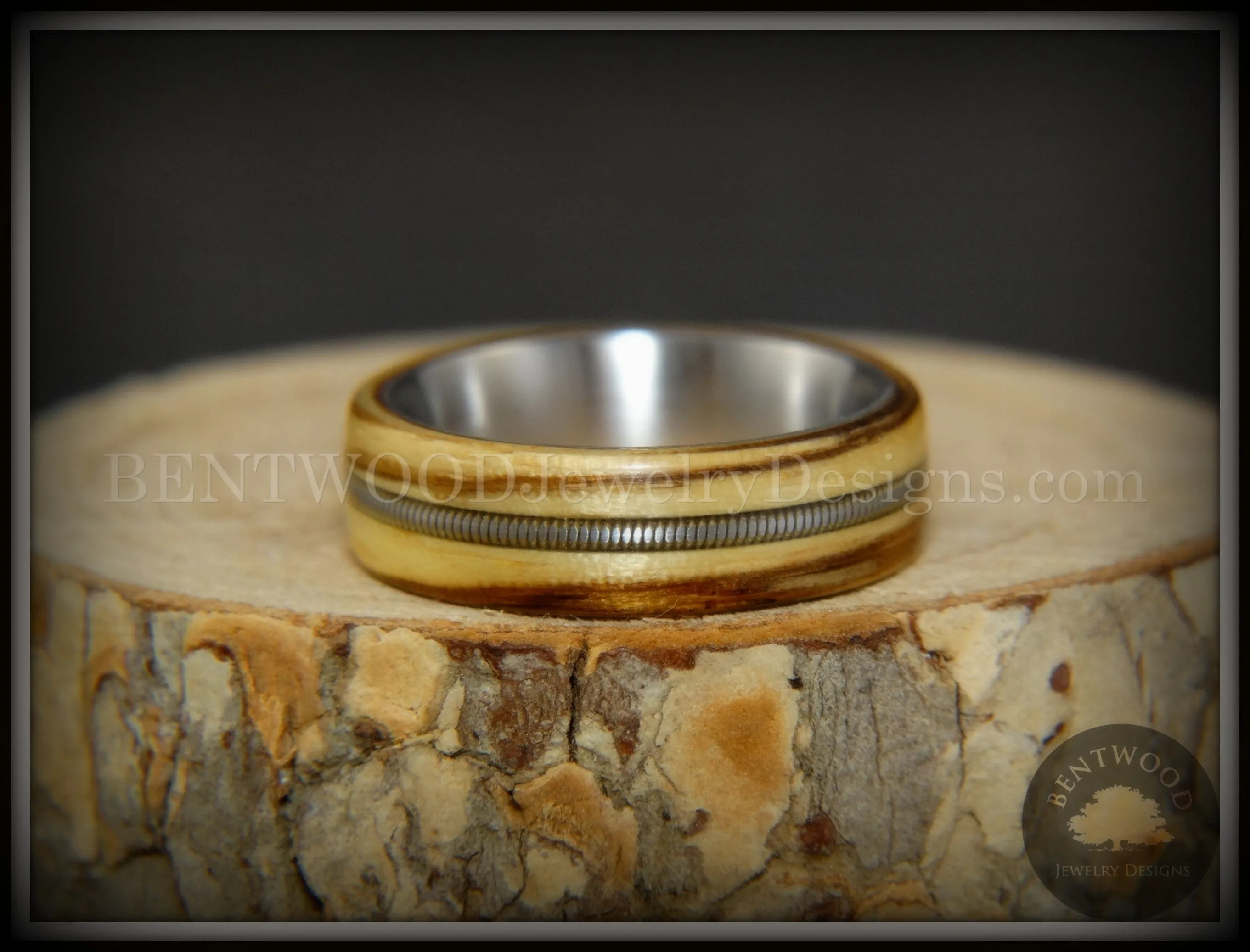 Bentwood Ring - Striped Rocker Zebrawood Ring with Silver Electric Guitar String Inlay on Comfort Fit Titanium Steel Core