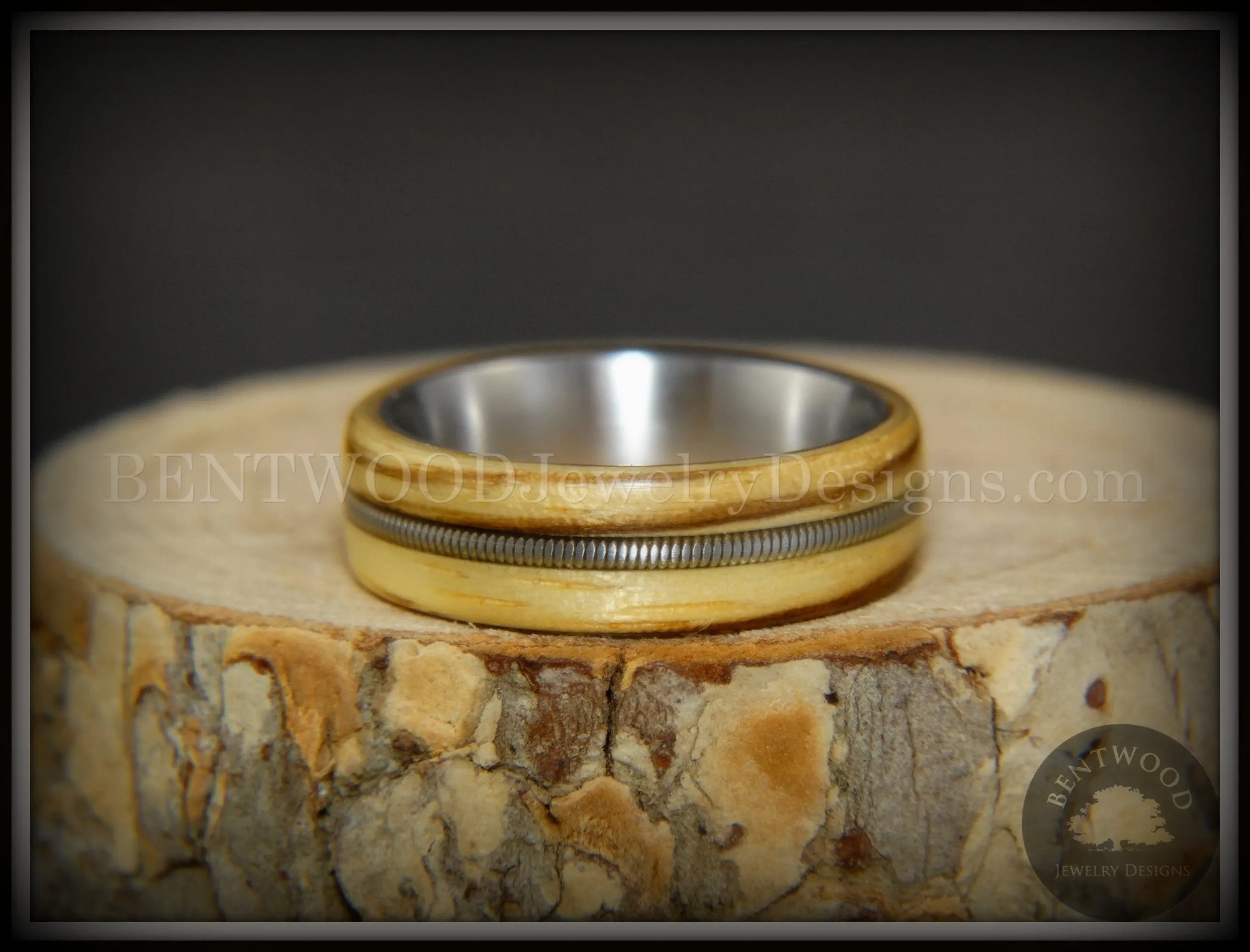 Bentwood Ring - Striped Rocker Zebrawood Ring with Silver Electric Guitar String Inlay on Comfort Fit Titanium Steel Core