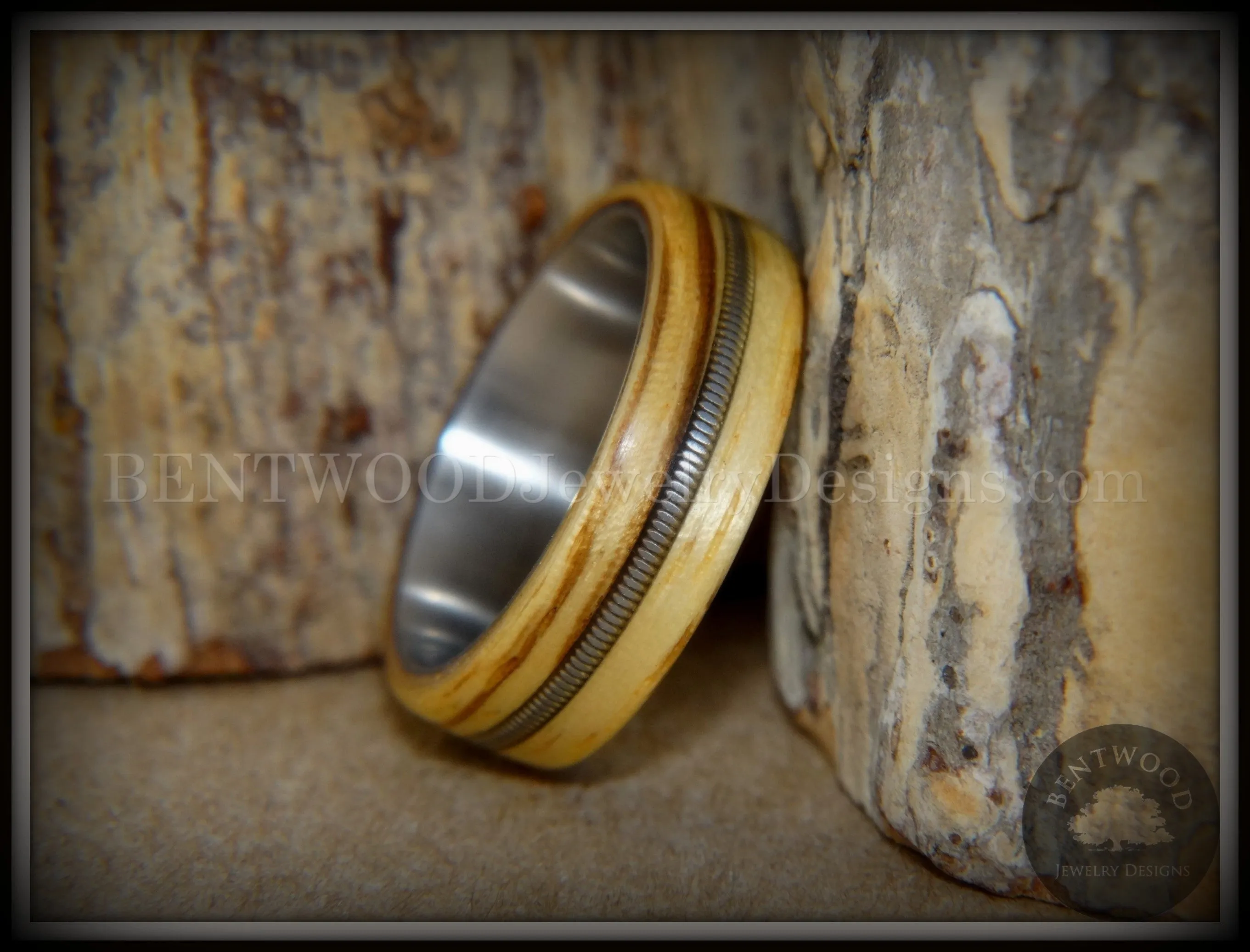 Bentwood Ring - Striped Rocker Zebrawood Ring with Silver Electric Guitar String Inlay on Comfort Fit Titanium Steel Core