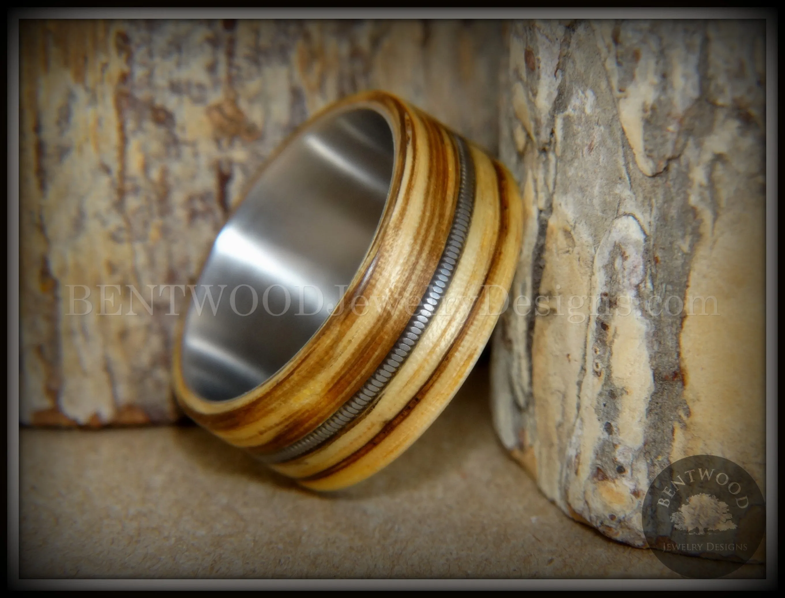 Bentwood Ring - Striped Rocker Zebrawood Ring with Silver Electric Guitar String Inlay on Comfort Fit Titanium Steel Core