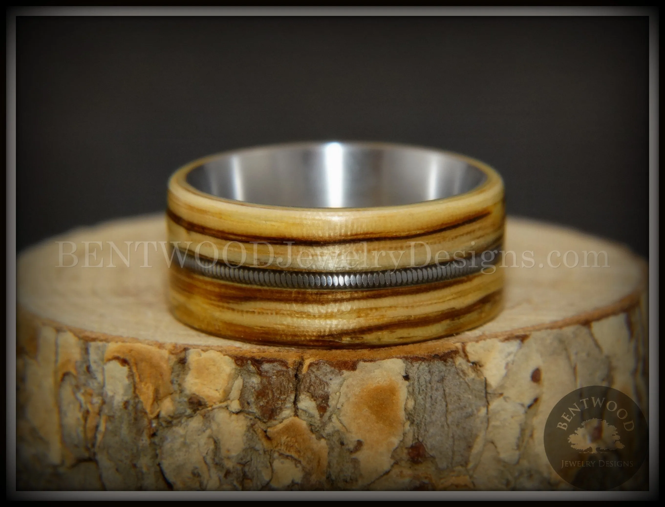 Bentwood Ring - Striped Rocker Zebrawood Ring with Silver Electric Guitar String Inlay on Comfort Fit Titanium Steel Core