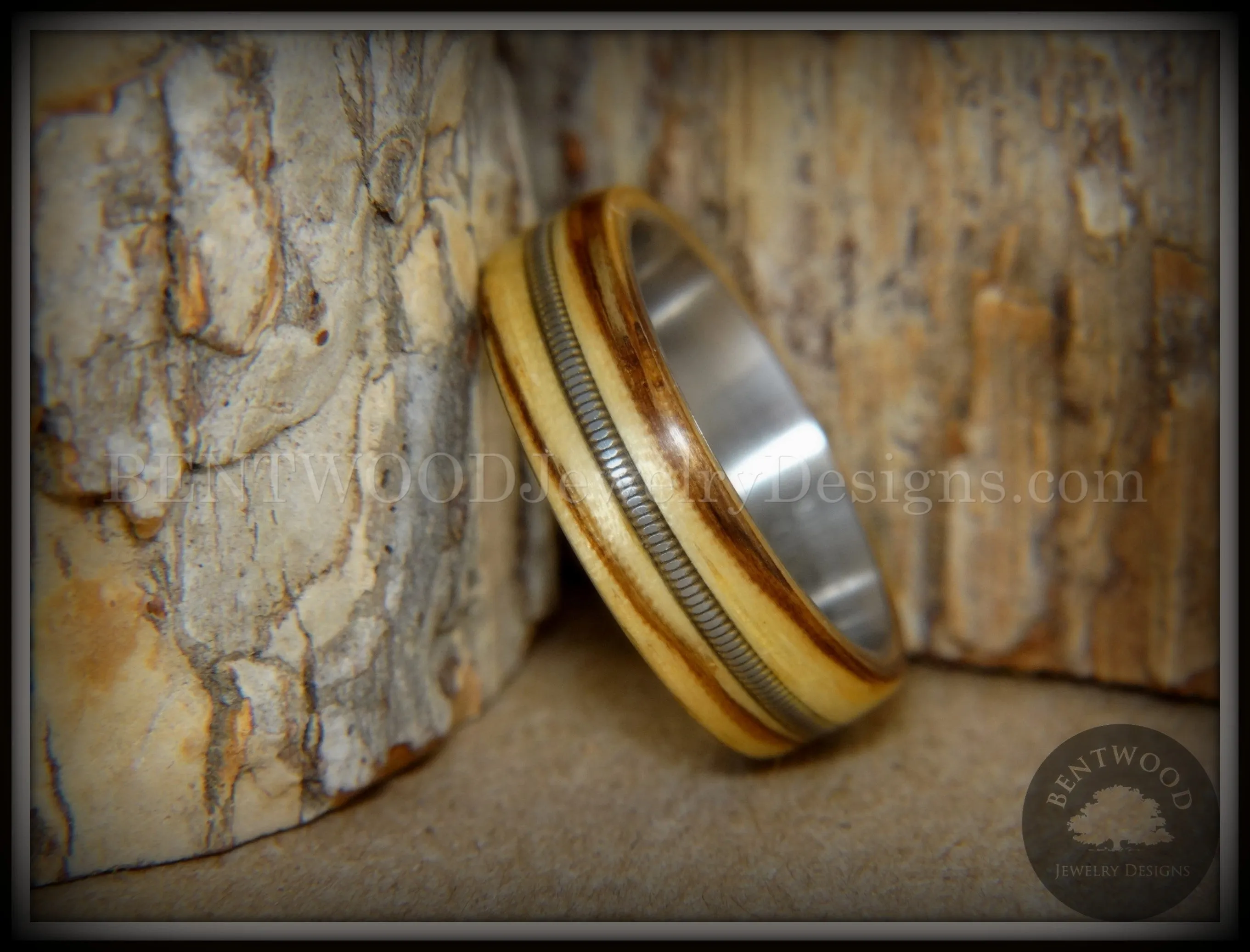 Bentwood Ring - Striped Rocker Zebrawood Ring with Silver Electric Guitar String Inlay on Comfort Fit Titanium Steel Core