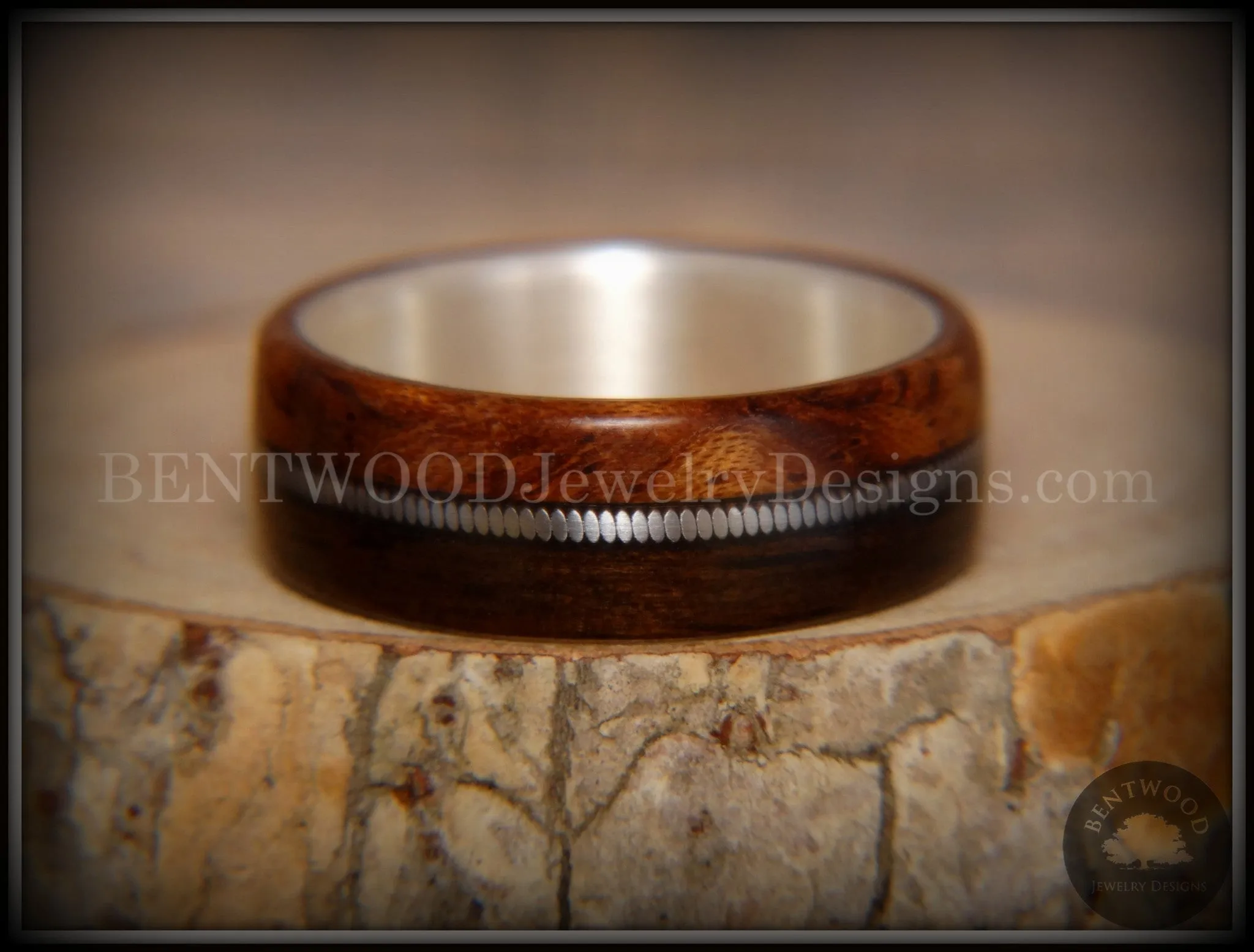 Bentwood Ring - Waterfall Bubinga and Ebony Wood Ring on Fine Silver Core with Silver Guitar String Inlay