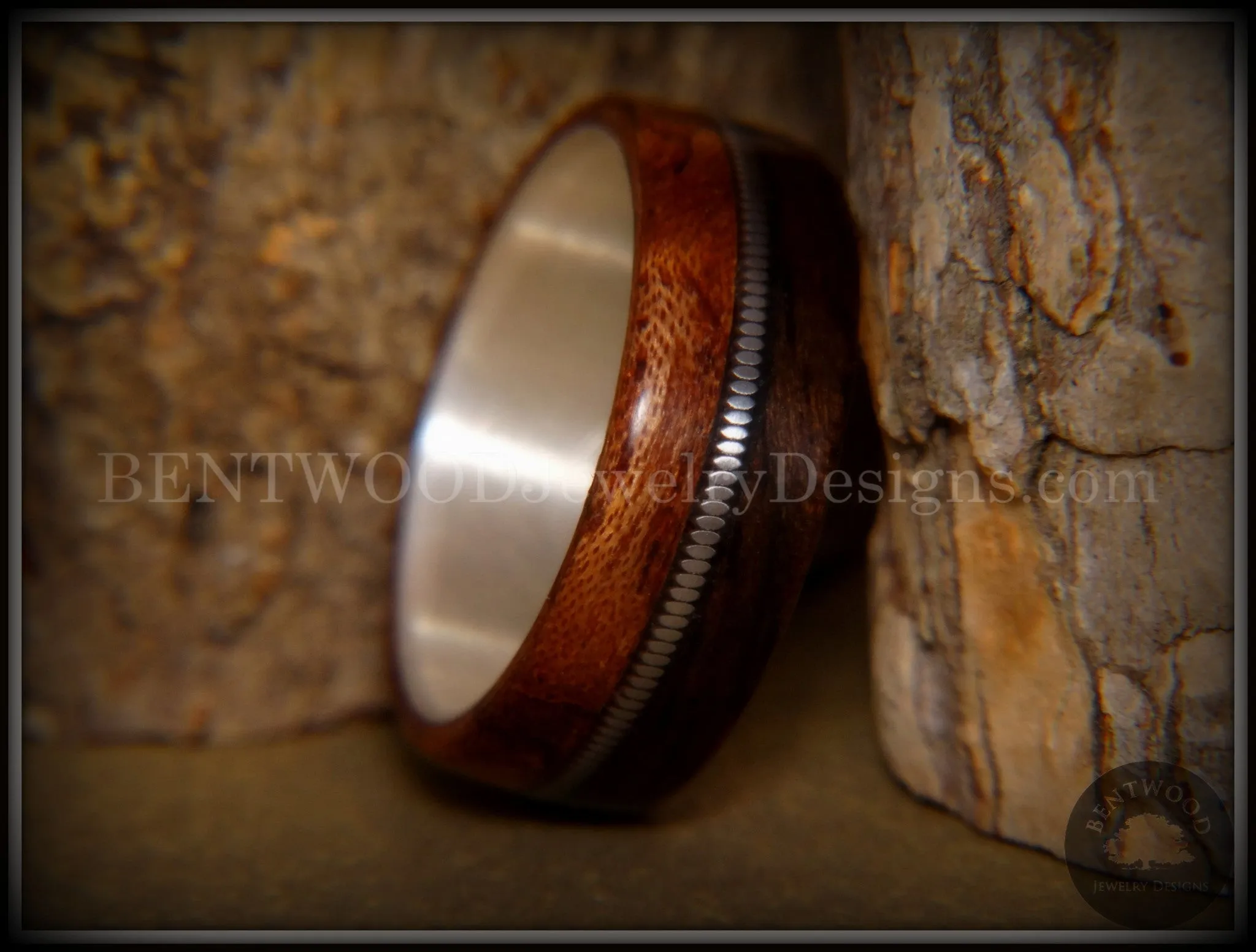 Bentwood Ring - Waterfall Bubinga and Ebony Wood Ring on Fine Silver Core with Silver Guitar String Inlay