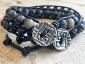 Black Leather Wrap Agate Bracelet