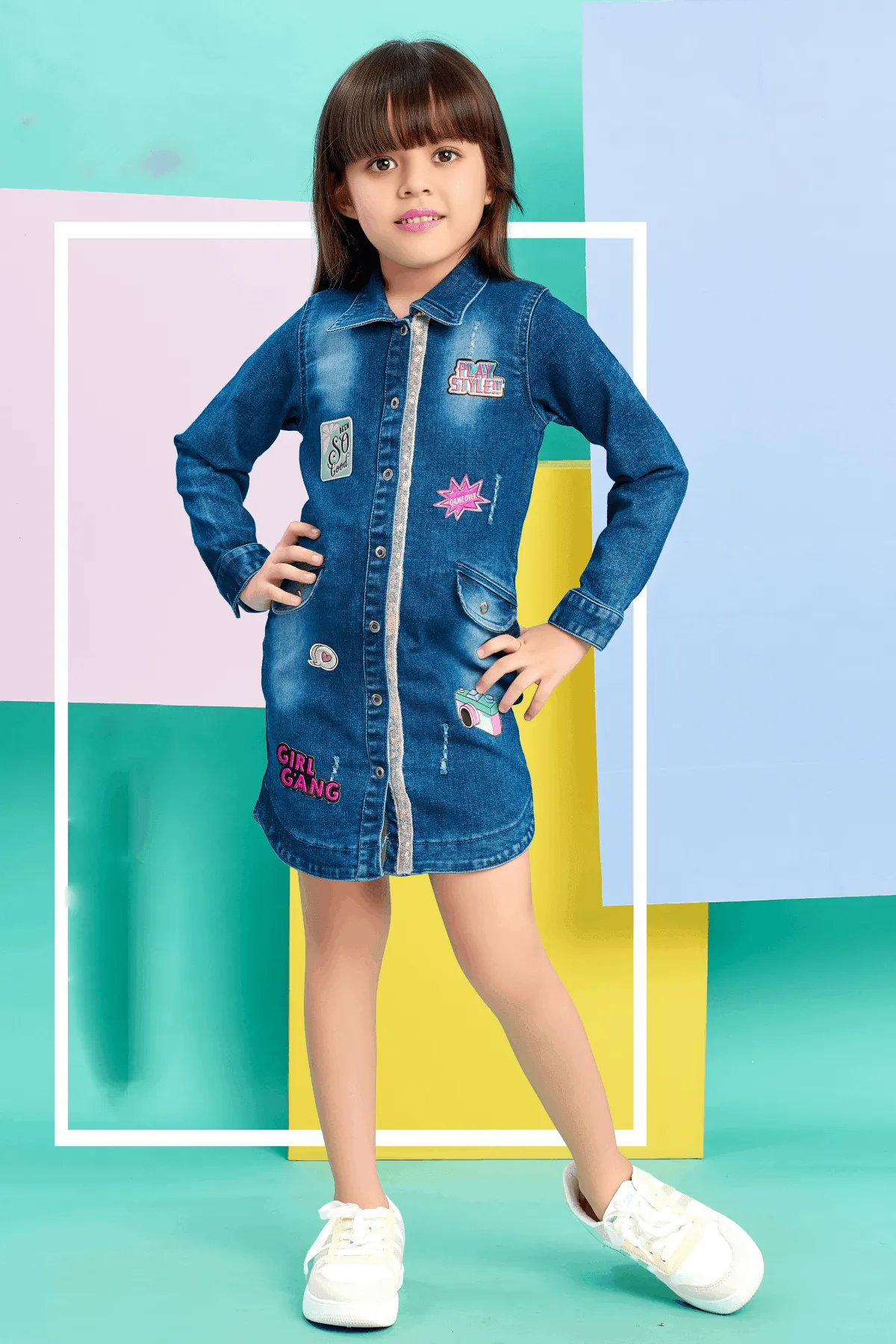 Blue Denim Knee Length Partywear Frock for Girls