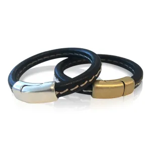 BR7 BKST - Stitched Black Leather Bracelet with Round Magnetic Clasp