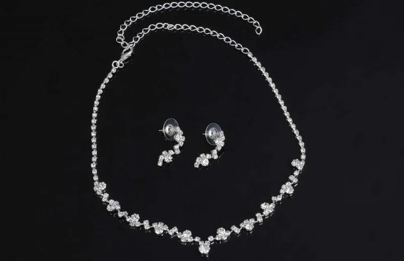 Bridal Rhinestone Silver Tone Tennis Choker Necklace and Earrings Jewellery Set