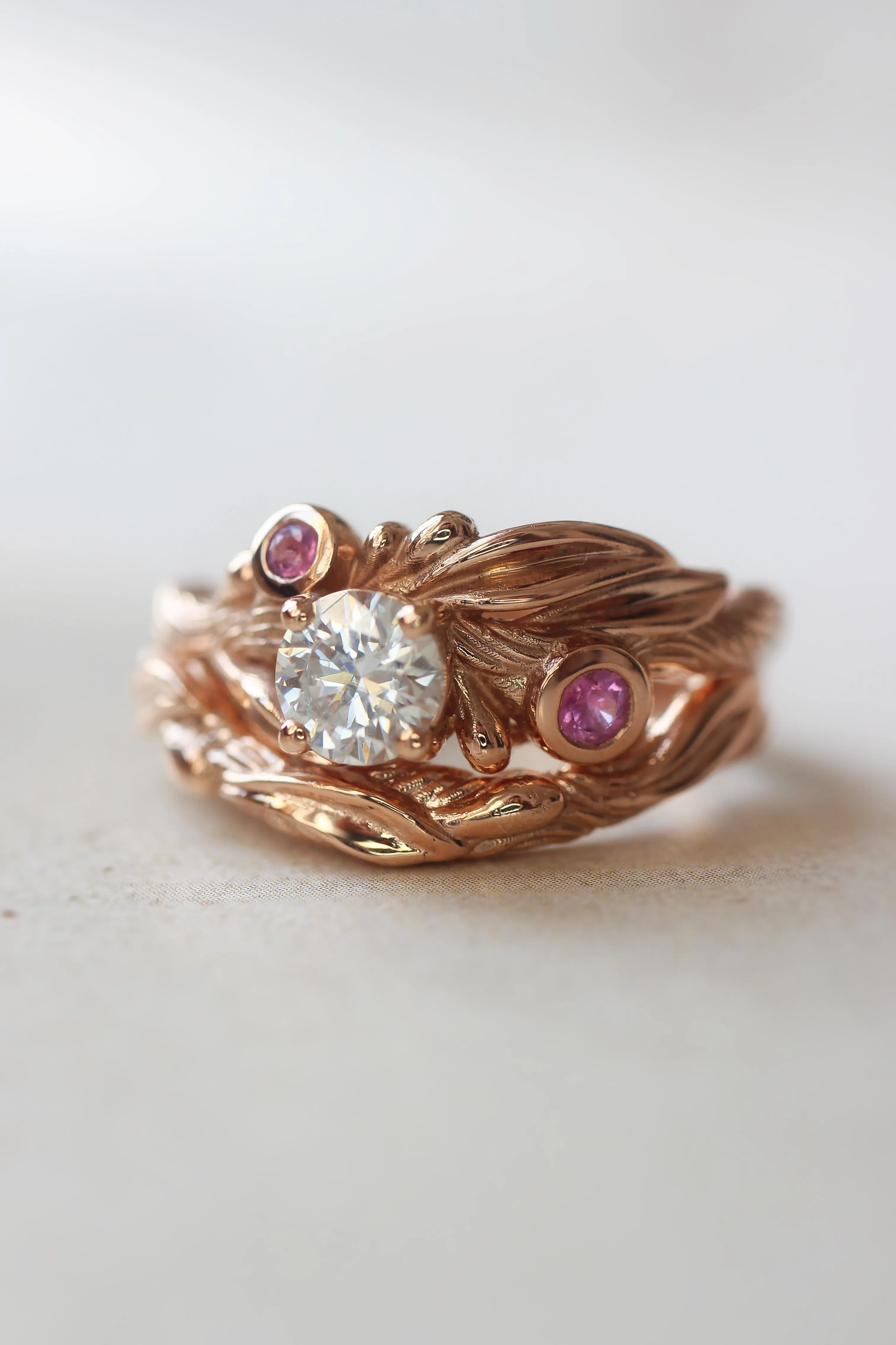 Bridal ring set with lab grown diamond and pink sapphires / Olivia