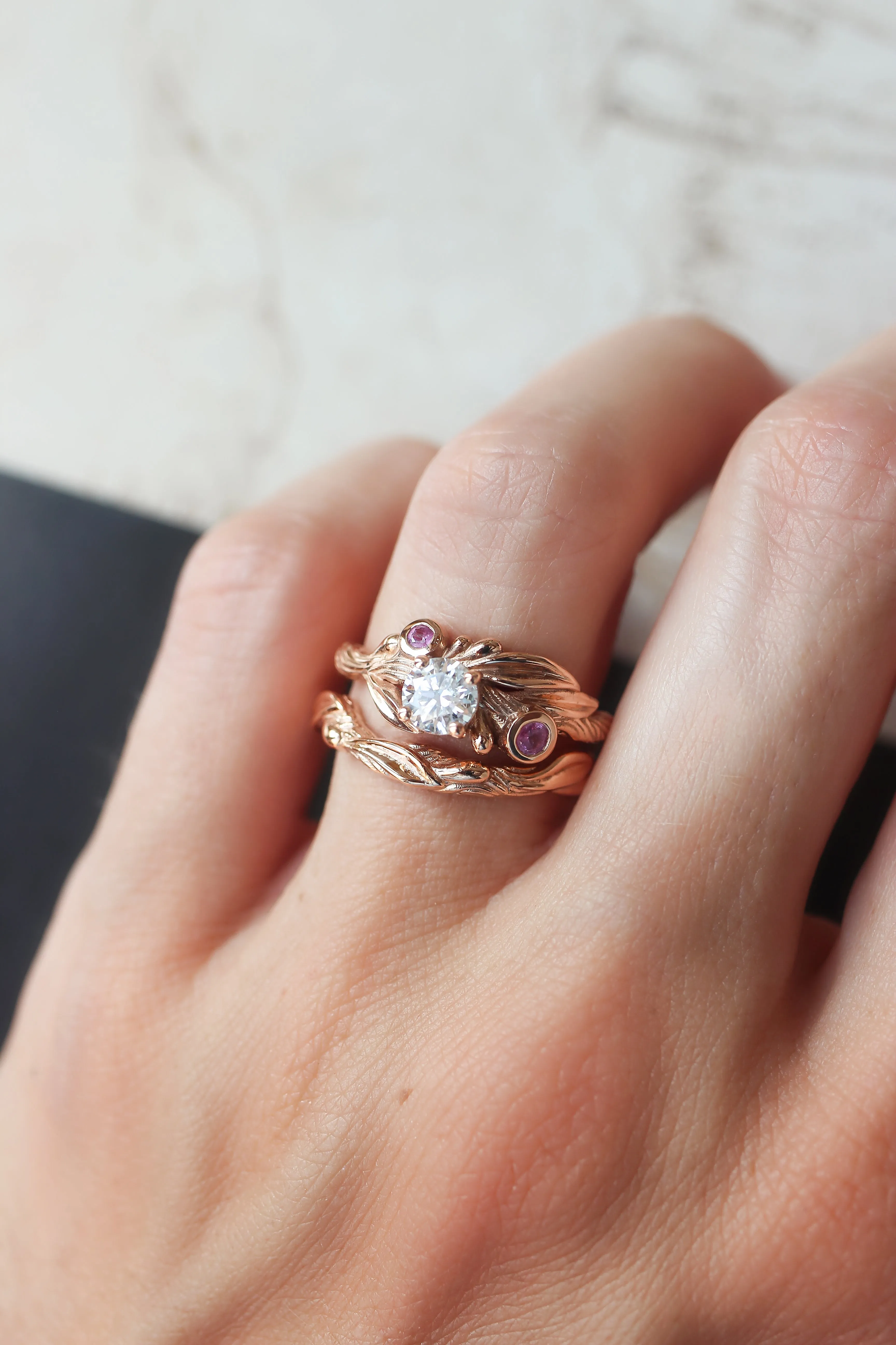 Bridal ring set with lab grown diamond and pink sapphires / Olivia