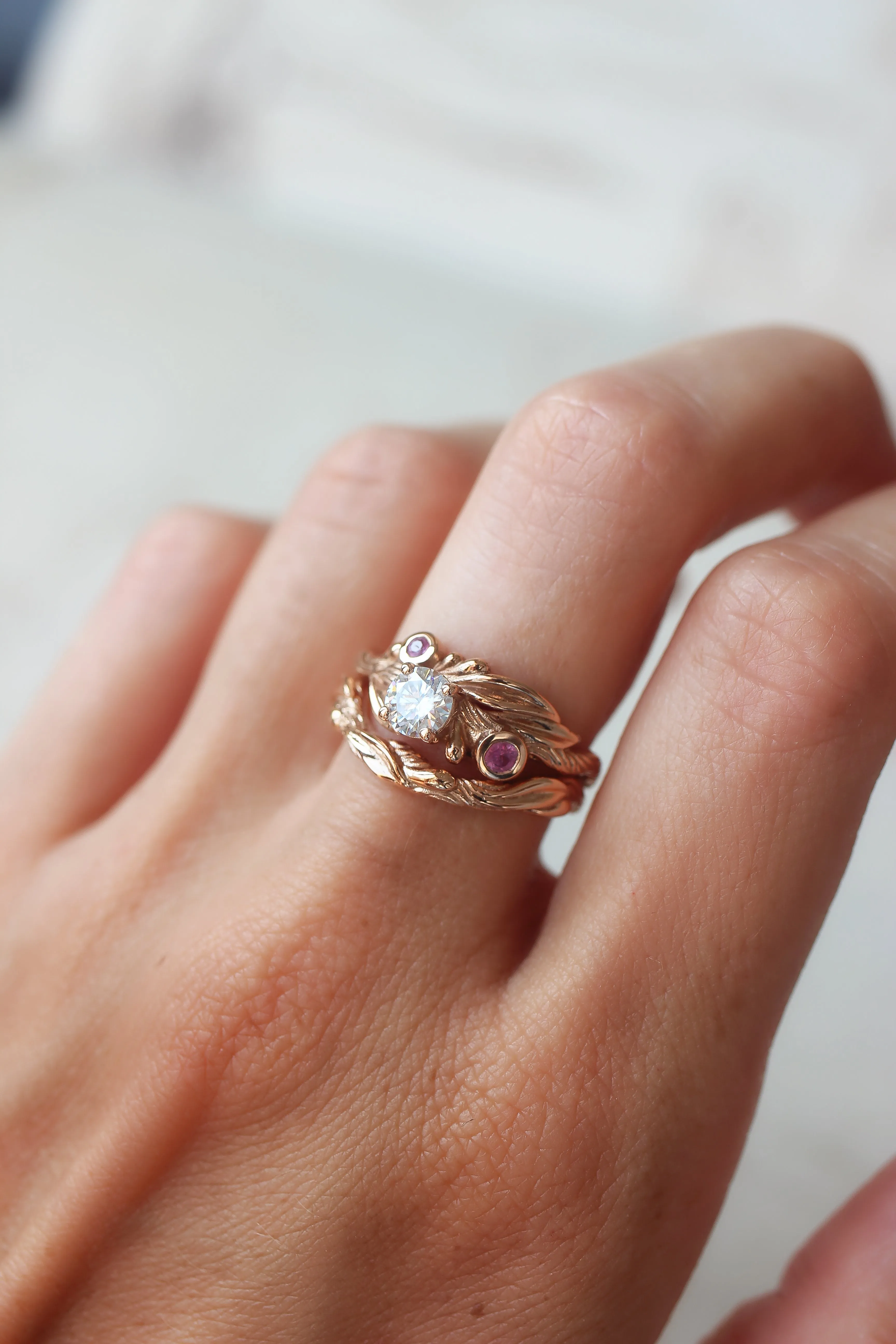 Bridal ring set with lab grown diamond and pink sapphires / Olivia