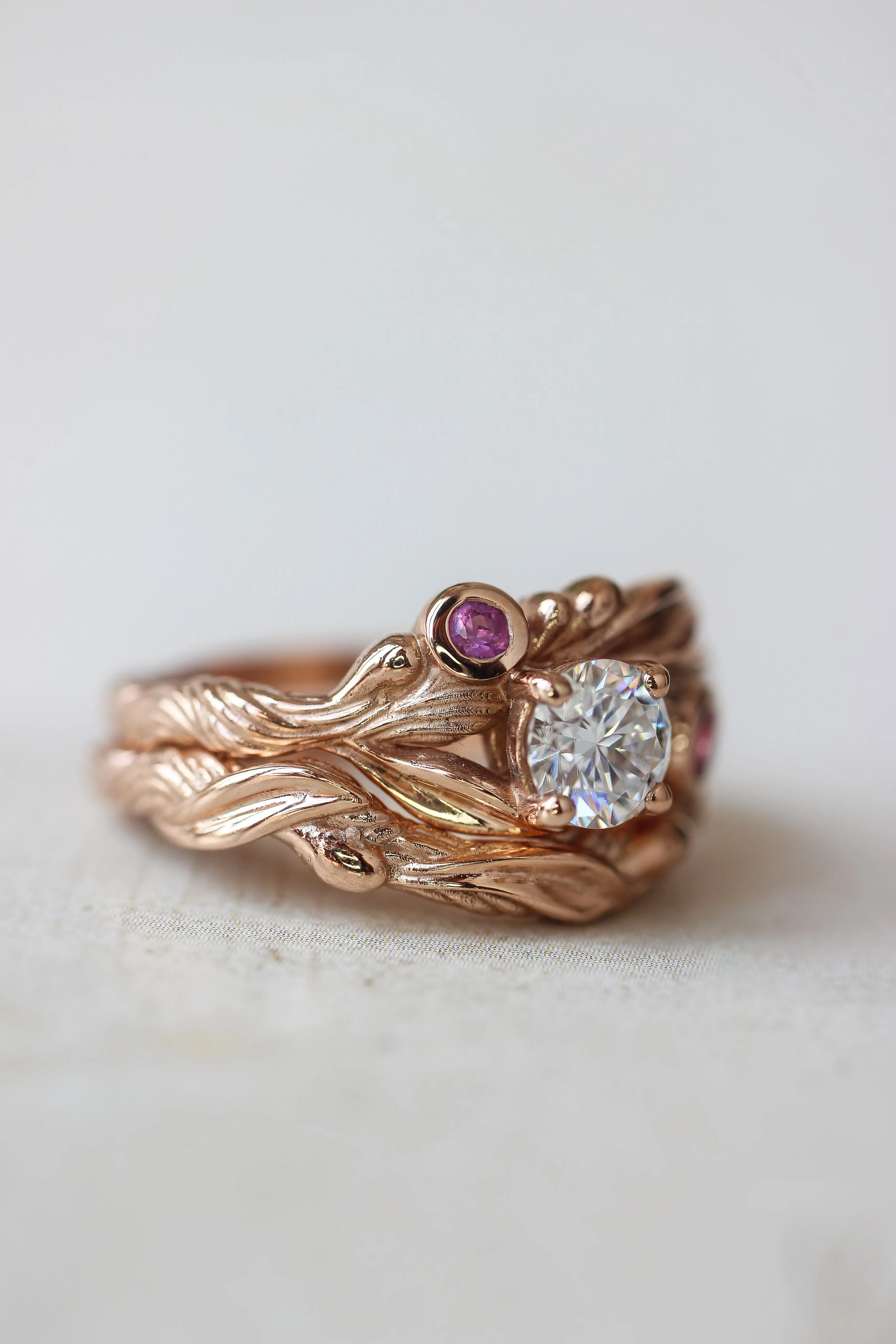 Bridal ring set with lab grown diamond and pink sapphires / Olivia