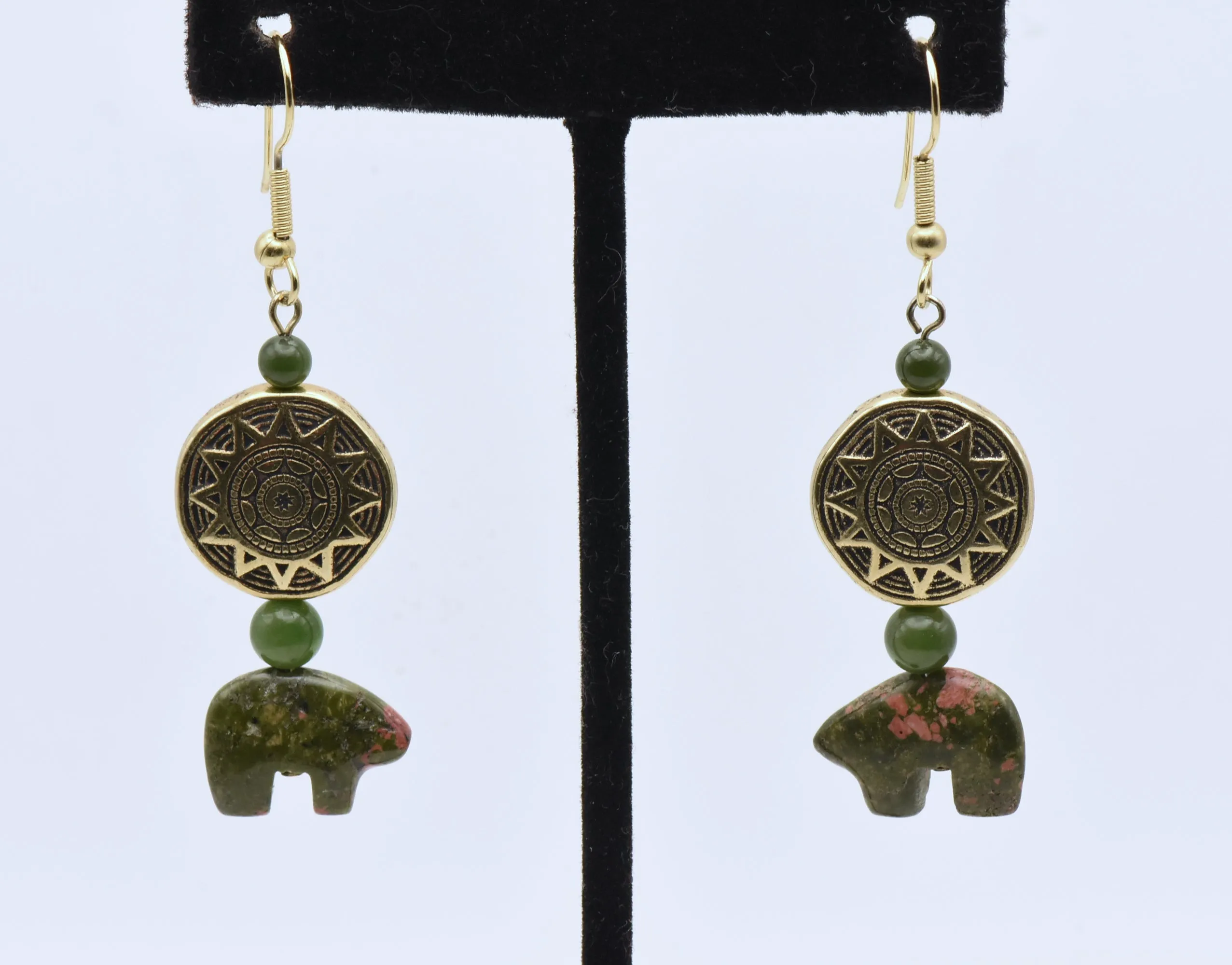 Carved Unakite Bears and Jade Dangle Earrings