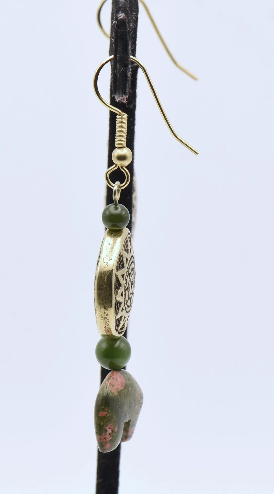 Carved Unakite Bears and Jade Dangle Earrings