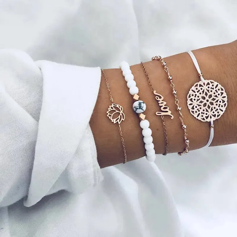 Chic Geometric Bracelet and Bangle Sets for Women with Vintage Star Map, Hand Heart Charm, Beads, Chains – Trendy Fashion Jewelry Accessories