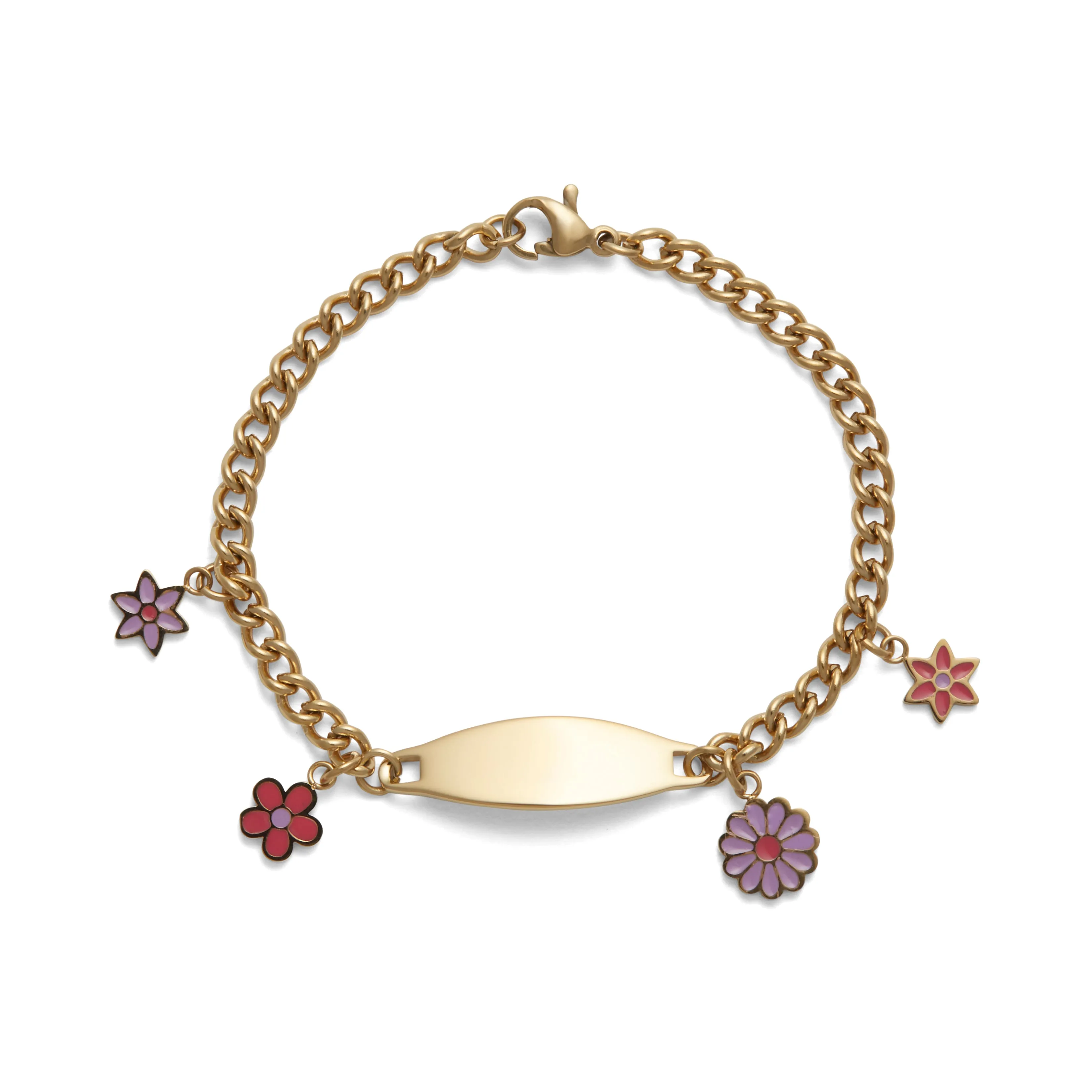 Children’s ID Bracelet with Plaque and Flower Charms