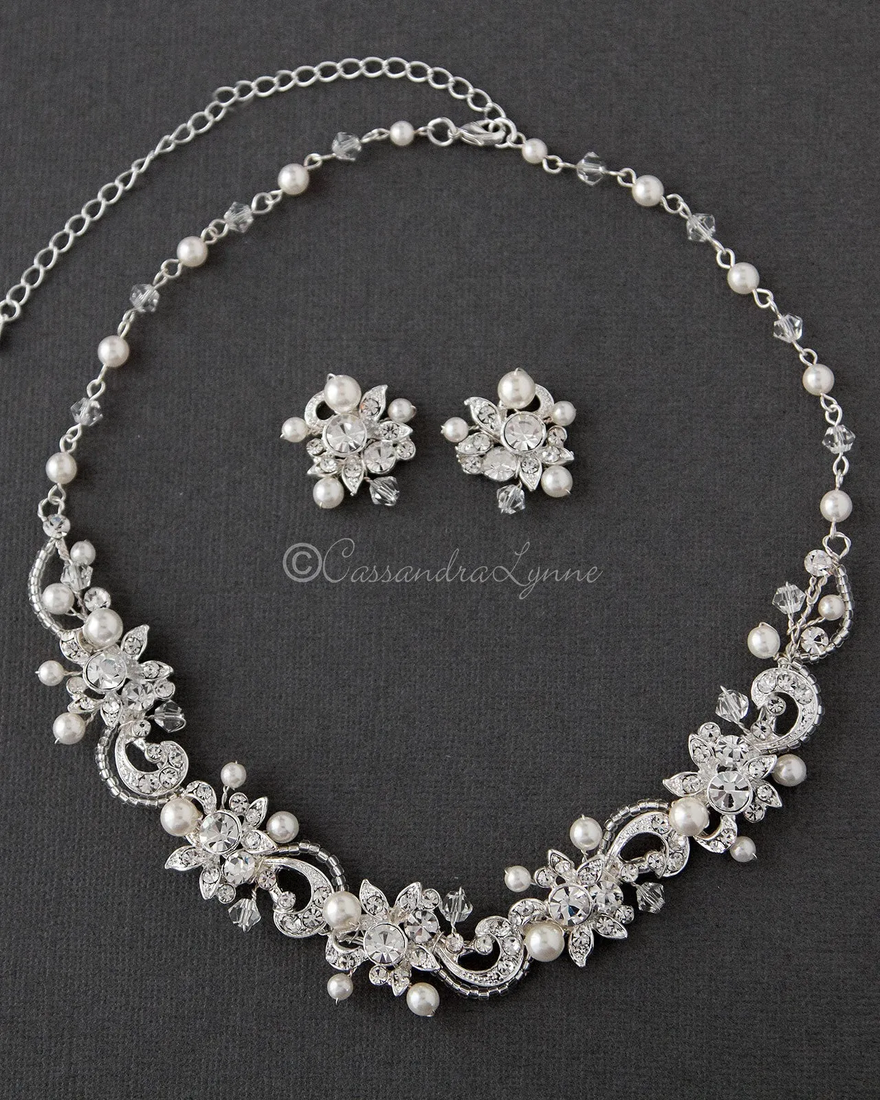 Crystal and Pearl Bridal Necklace Set