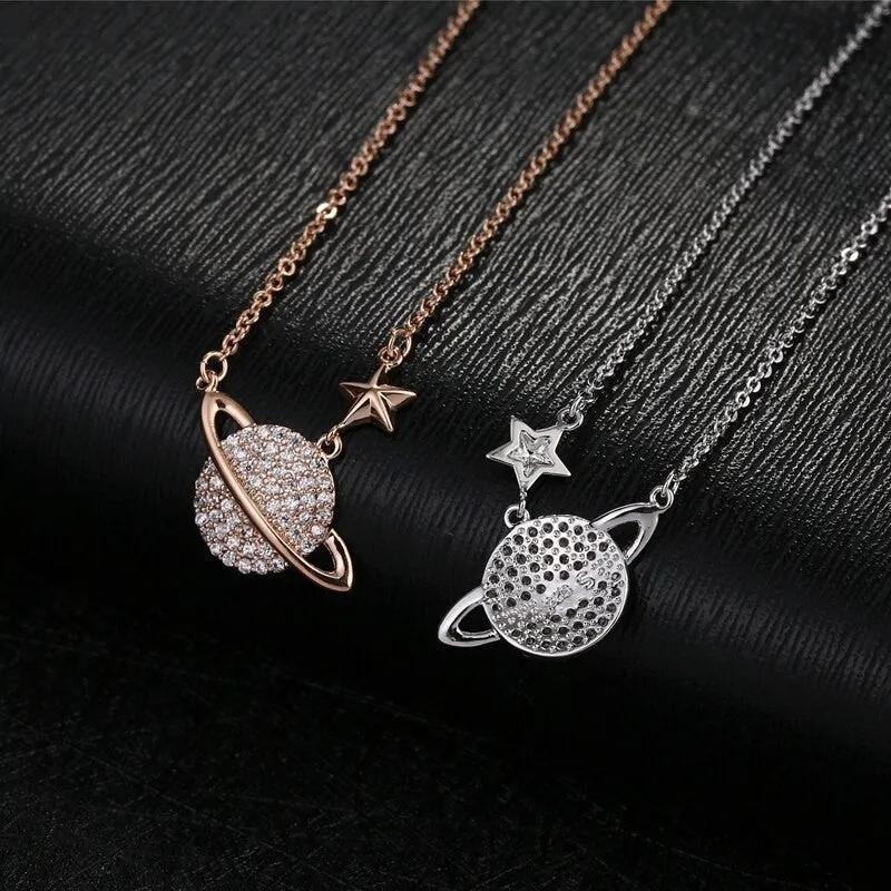 CZ Crystal Planet Star Pendant Necklace -2 Colors