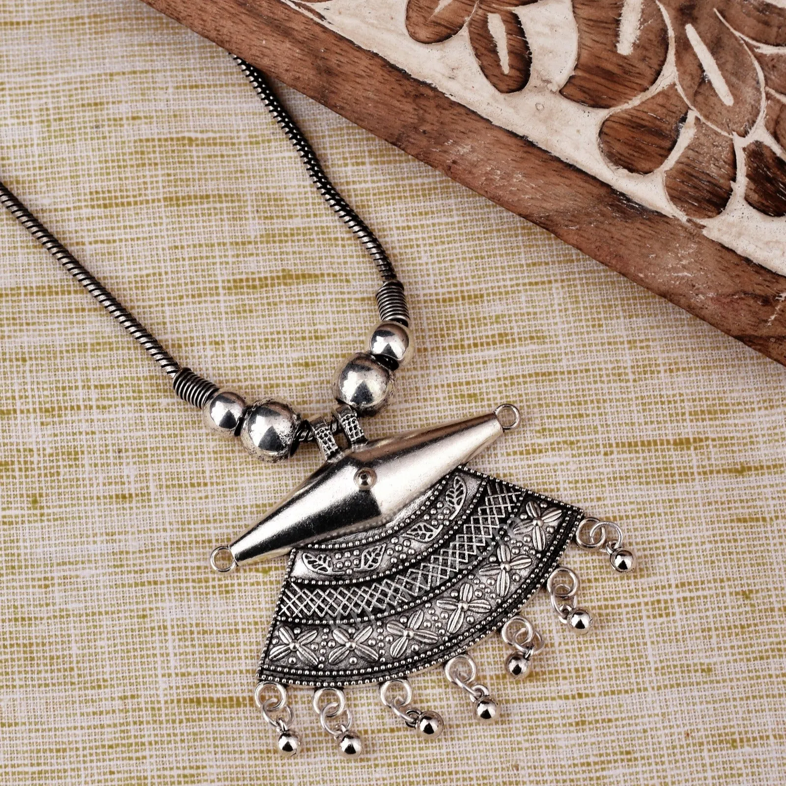 Designer German Silver Kolhapuri Long Pendant Necklace