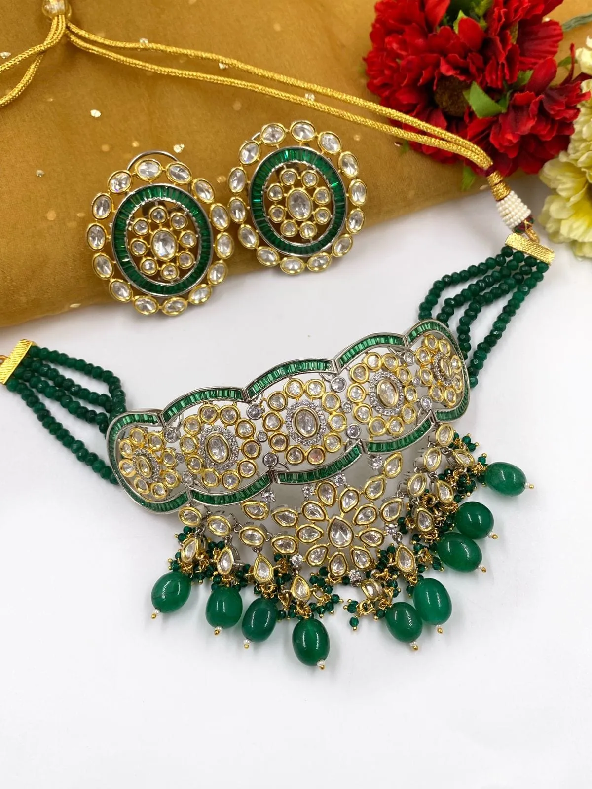 Designer Handcrafted Green Kundan Choker Necklace Set For Women By Gehna Shop