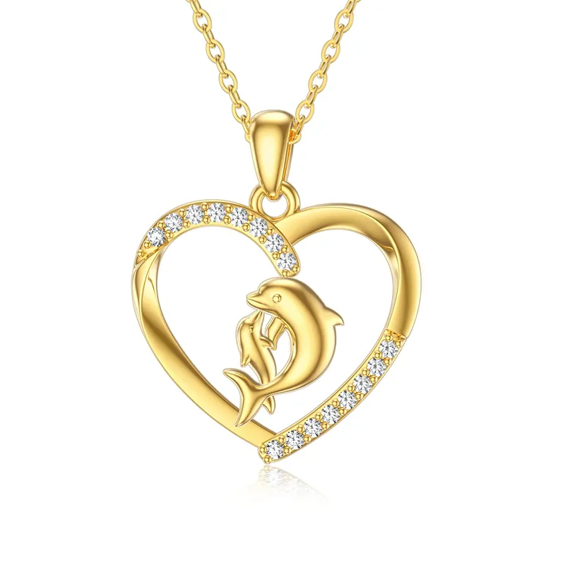 Dolphin Necklaces for women Mother Daughter Necklace 14k Solid Gold Dolphin necklace Mom Necklace Love Heart Pendant Necklace