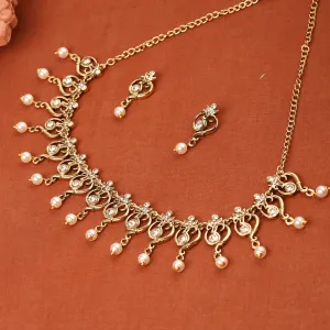 Estele Gold Plated Antique Spiritual Om Shaped Necklace Set with Austrian Crystals & Glowing Pearls for Women