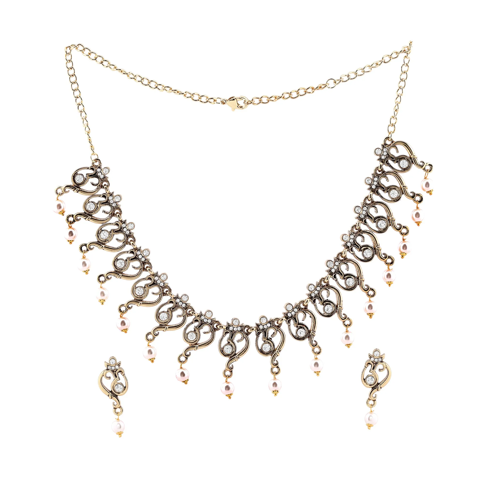 Estele Gold Plated Antique Spiritual Om Shaped Necklace Set with Austrian Crystals & Glowing Pearls for Women