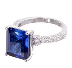 Faux Sapphire Emerald Cut Cubic Zirconia Engagement Ring In Sterling Silver