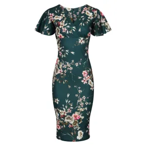 Forest Green Floral Half Sleeve Deep V Neck Crossover Top Wiggle Dress