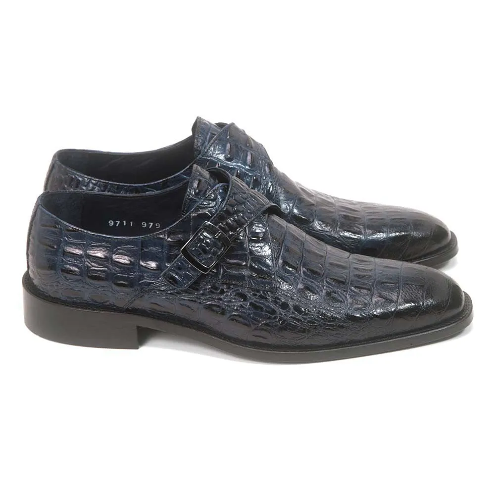 Golden Pass Crocodile Print Blue Monk Buckle Leather Sole Men's Shoes