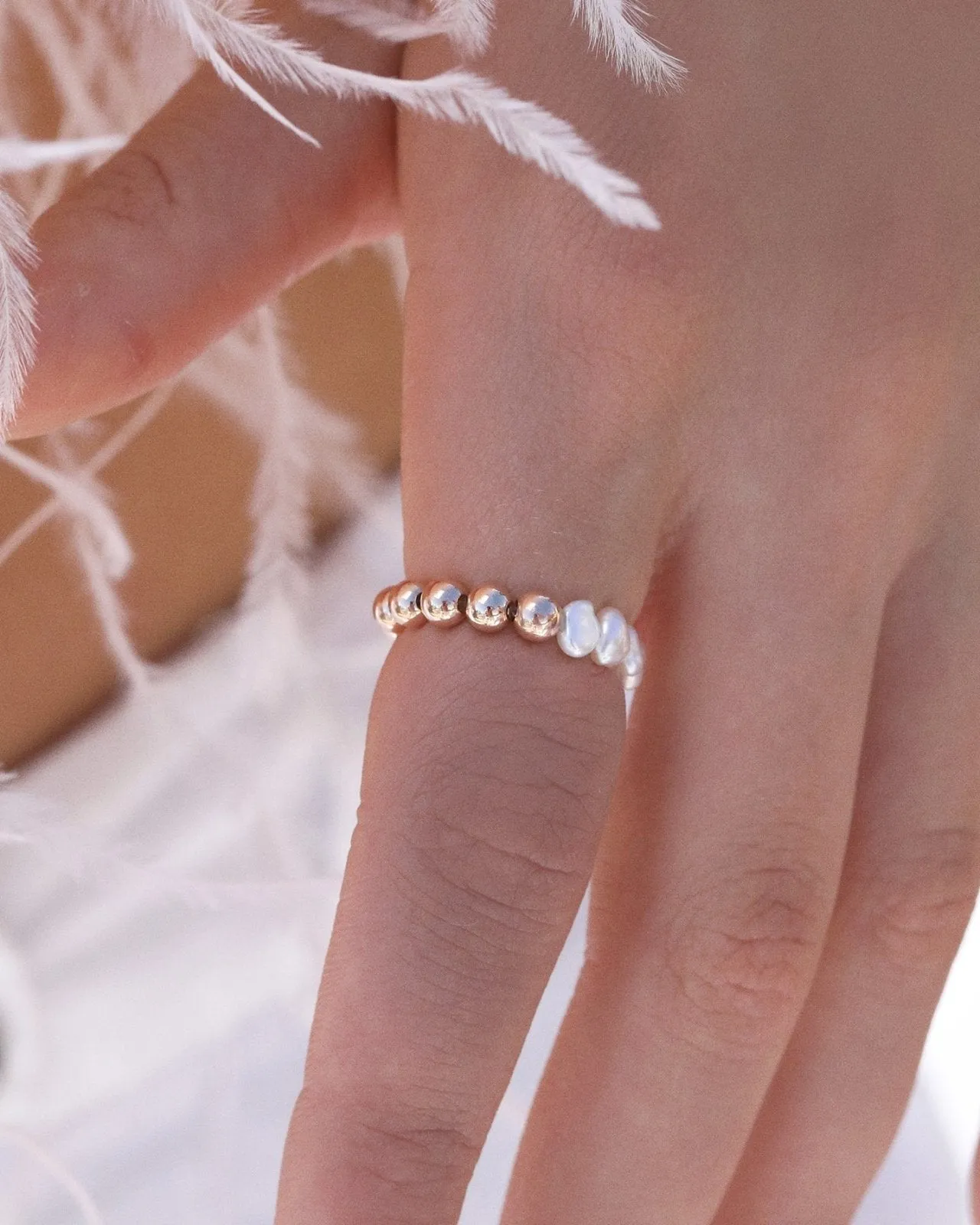 Half Freshwater Pearl Beaded Ring  - 14k Rose Gold Fill