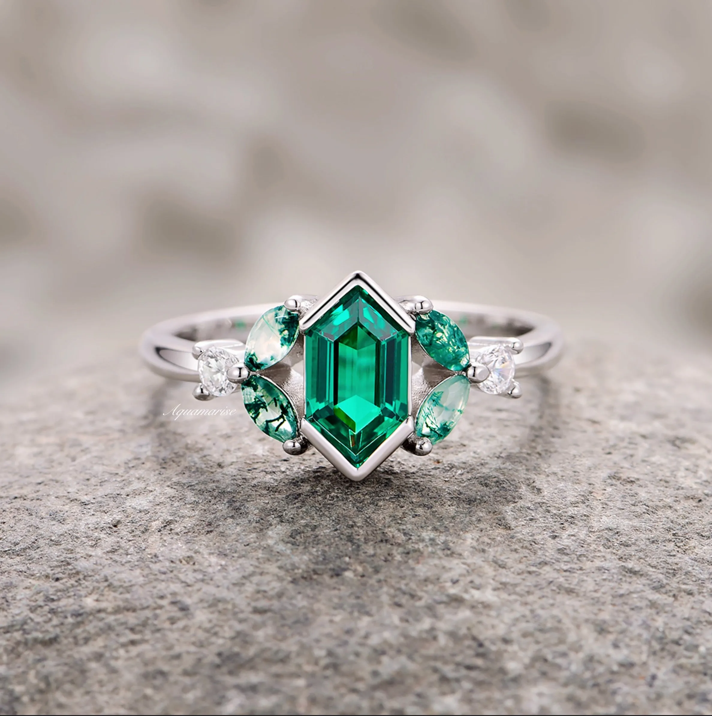 Hexagon Emerald & Moss Agate Couples Ring