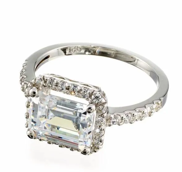 Horizontal Emerald Cut Cubic Zirconia Halo Engagement Ring In Sterling Silver