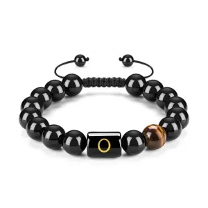 Initials Bracelets for Men Letter Link Handmade Natural Black Onyx Tiger Eye Stone Beads