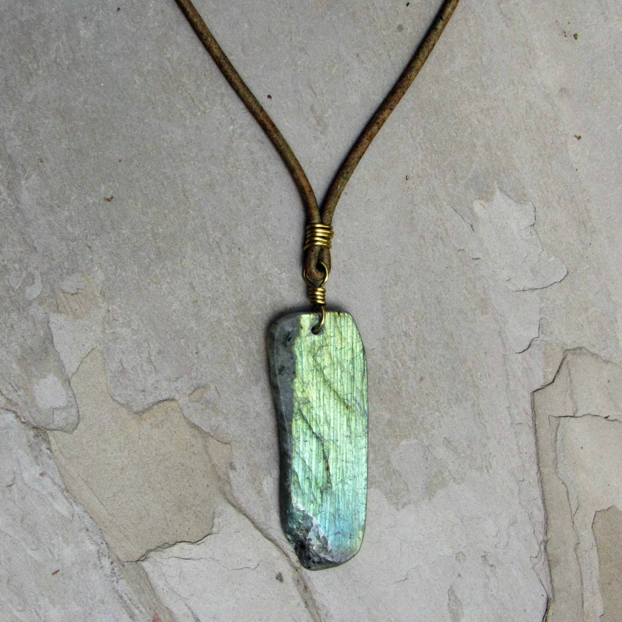 Labradorite gemstone hand wrapped with Brass on leather necklace