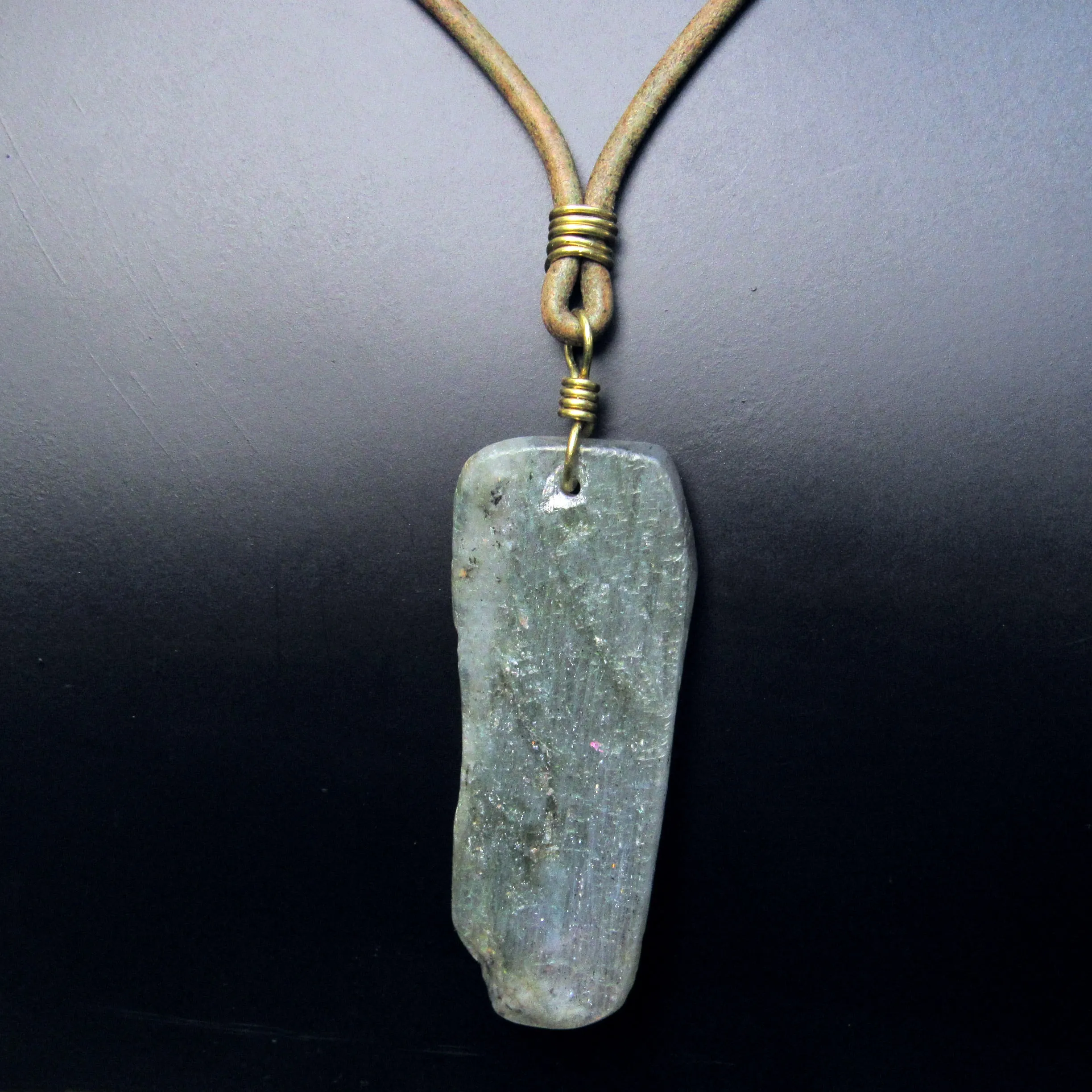 Labradorite gemstone hand wrapped with Brass on leather necklace