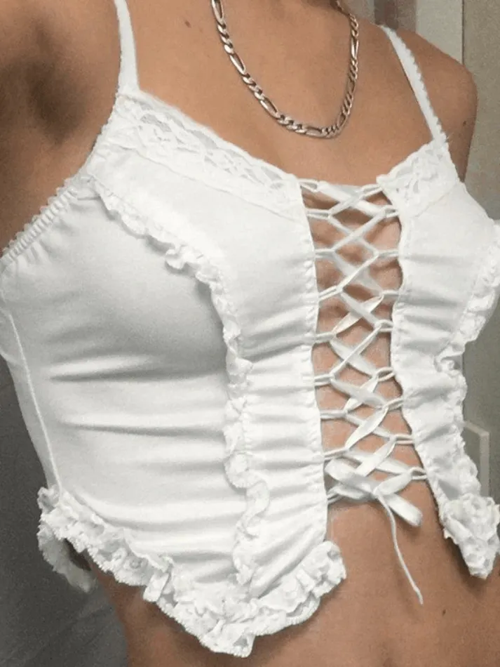 Lace Trim Tie Trendy Front Short Sleeve Top