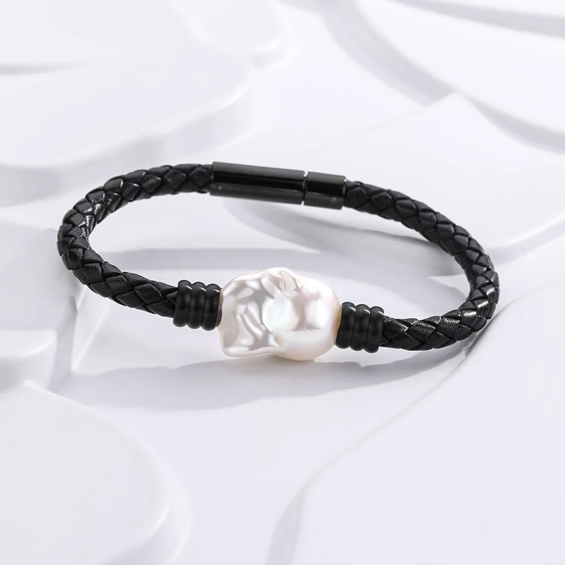 Large Baroque Pearl Leather Bracelet in Stainless Steel