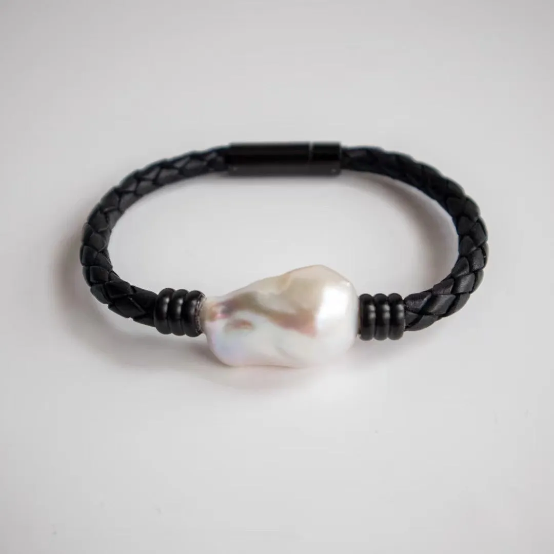 Large Baroque Pearl Leather Bracelet in Stainless Steel