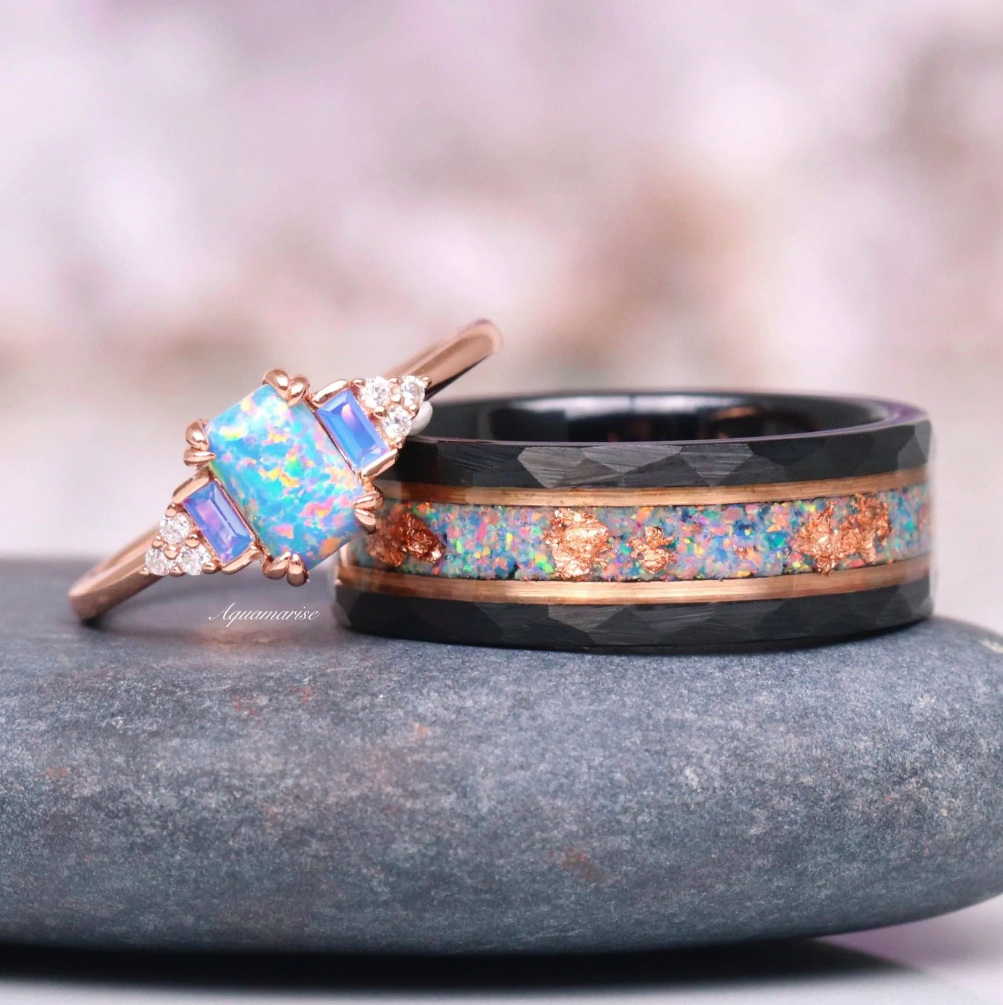 Light Blue Fire Opal & Opalescent Sapphire Couples Ring