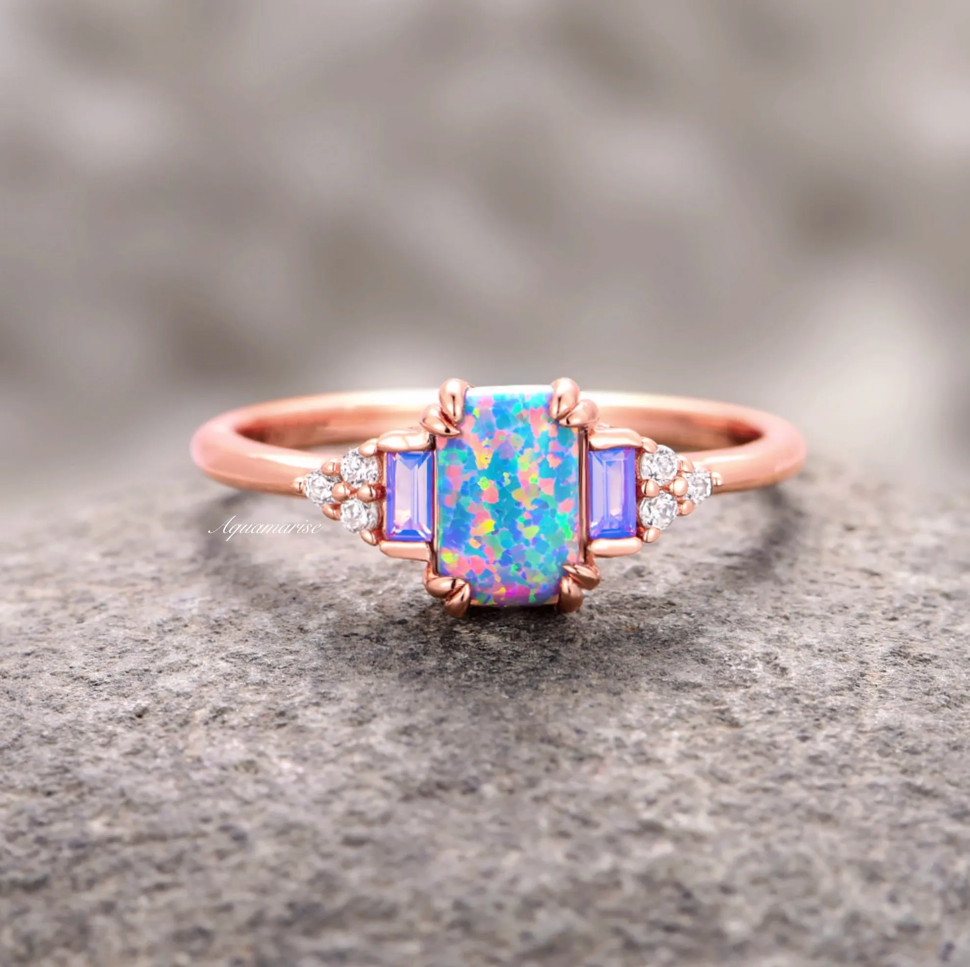 Light Blue Fire Opal & Opalescent Sapphire Couples Ring