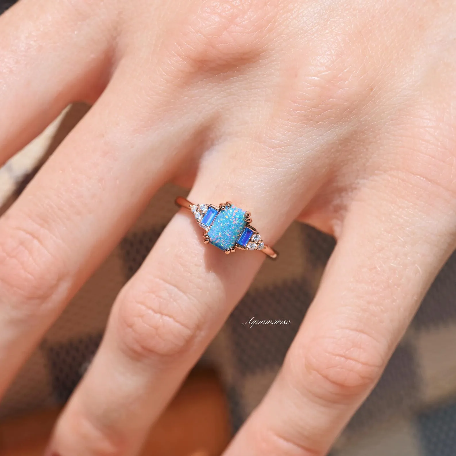 Light Blue Fire Opal & Opalescent Sapphire Couples Ring